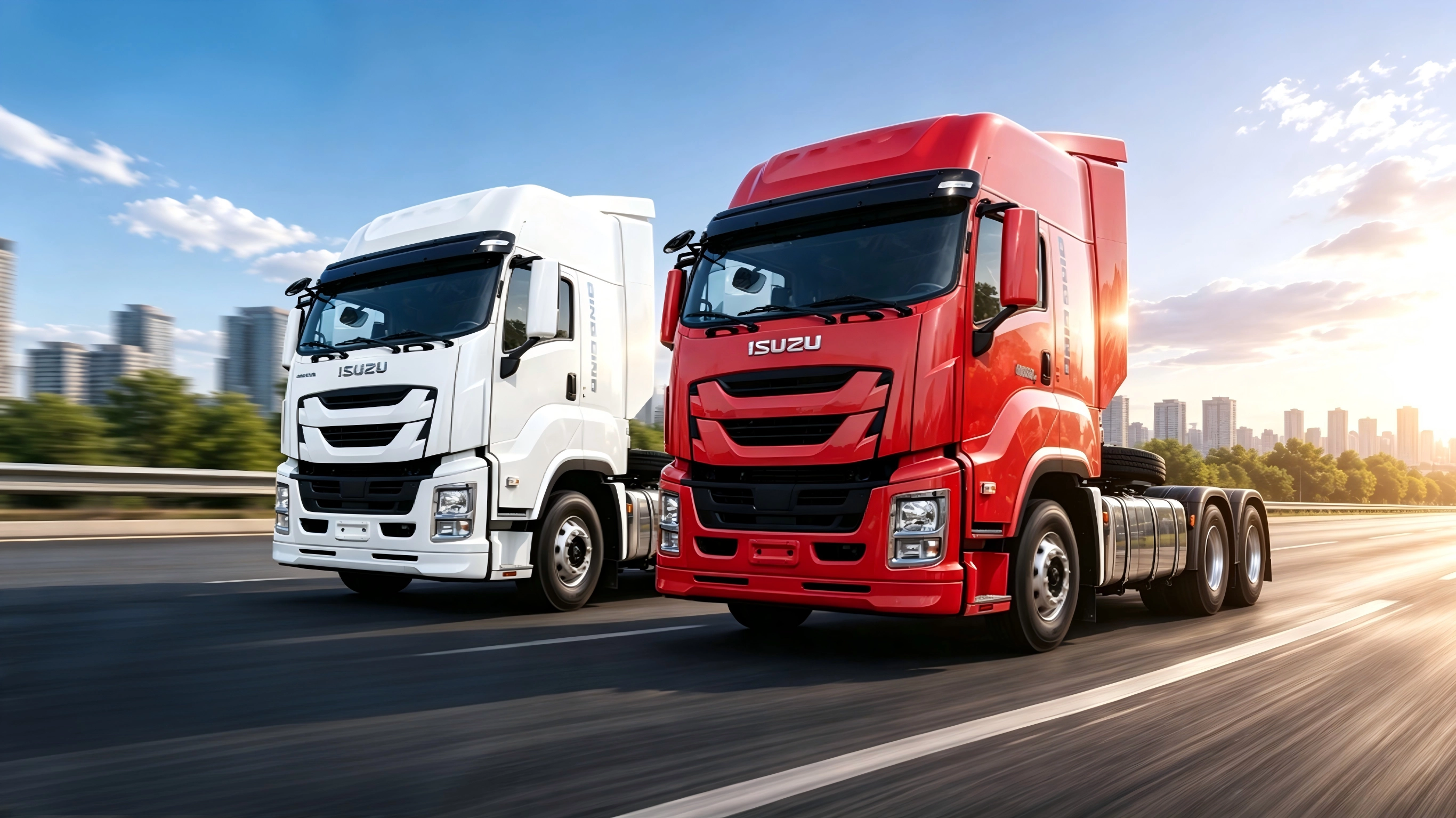 China ISUZU commercial vehicles lineup including N-Series light trucks, F-Series medium trucks, GIGA heavy duty trucks, and TAGA pickups